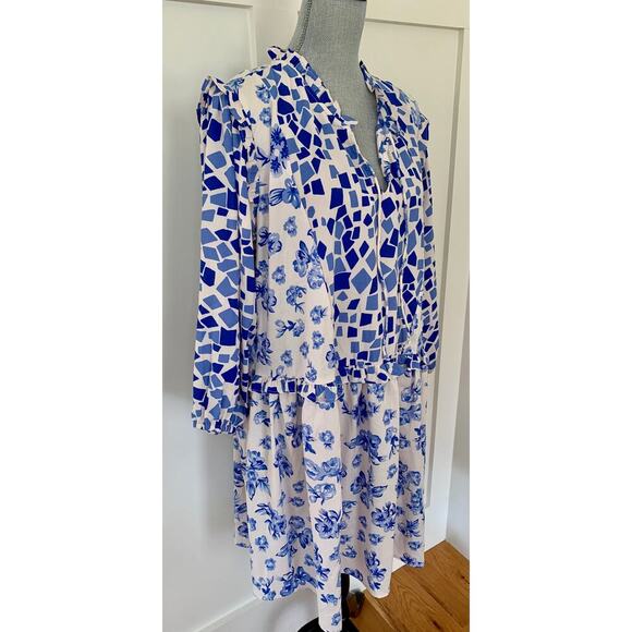 Tolani Collection Mae Mini Dress Geo Floral Blue/White Large Long Sleeve Ruffle - Picture 2 of 4